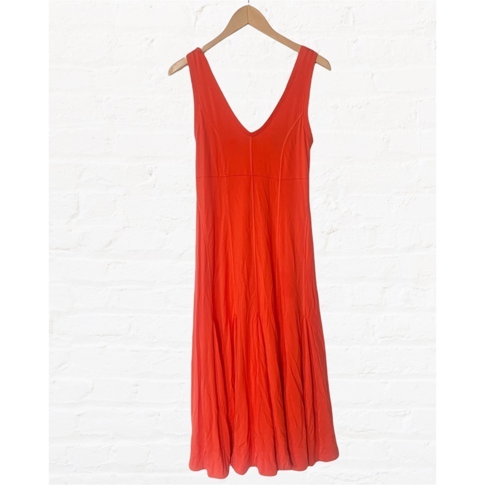 Anthropologie Maeve Abroad Orange V Neck Midi Dress with Trumpet Flared Hem - Picture 3 of 8